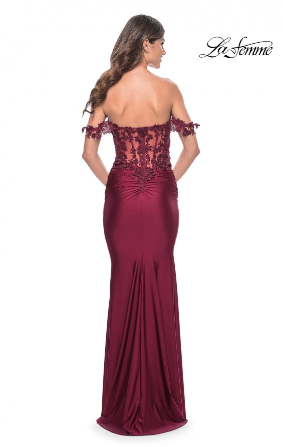 Picture of: Sheer Lace Bodice with Off the Shoulder Straps and Jersey Skirt Gown in Dark Berry, Style: 32302, Detail Picture 15