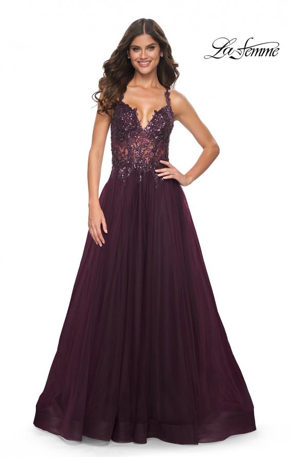 Picture of: Tulle A-Line Gown with Sheer and Beaded Lace Detail in Dark Berry, Style: 31471, Detail Picture 16