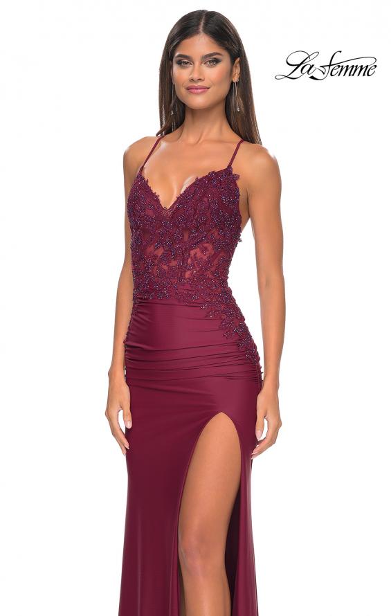 Picture of: Jersey Prom Dress with Illusion Sides and V Neckline in Dark Berry, Style: 32139, Detail Picture 16