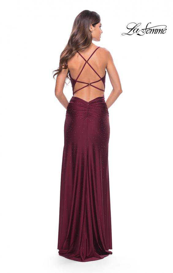 Picture of: Rhinestone Jersey Dress with Slit and Ruching in Dark Berry, Style: 31123, Detail Picture 17