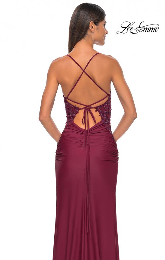 Picture of: Jersey Prom Dress with Illusion Sides and V Neckline in Dark Berry, Style: 32139, Detail Picture 17