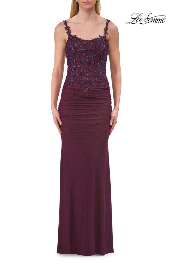 Pink Picture of: Rhinestones Lace Fitted Gown with Scoop Neck and Low Back in Dark Berry, Style: 33721, Detail Picture 17