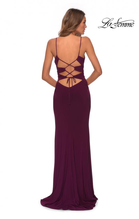 Picture of: Pleated Bodice Jersey Prom Dress with Lace Up Back in Burgundy, Style: 28531, Back Picture