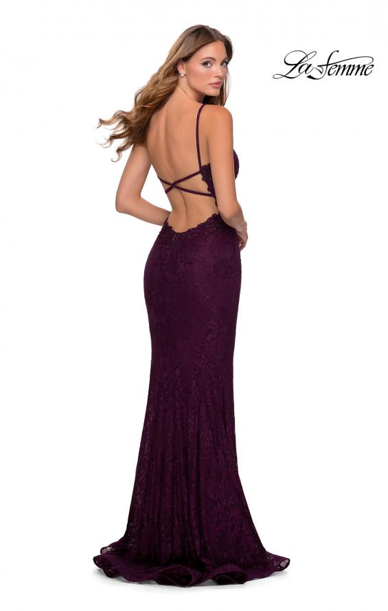 Picture of: Lace Prom Dress with Deep V-Neck and Rhinestones in Burgundy, Style: 28556, Back Picture