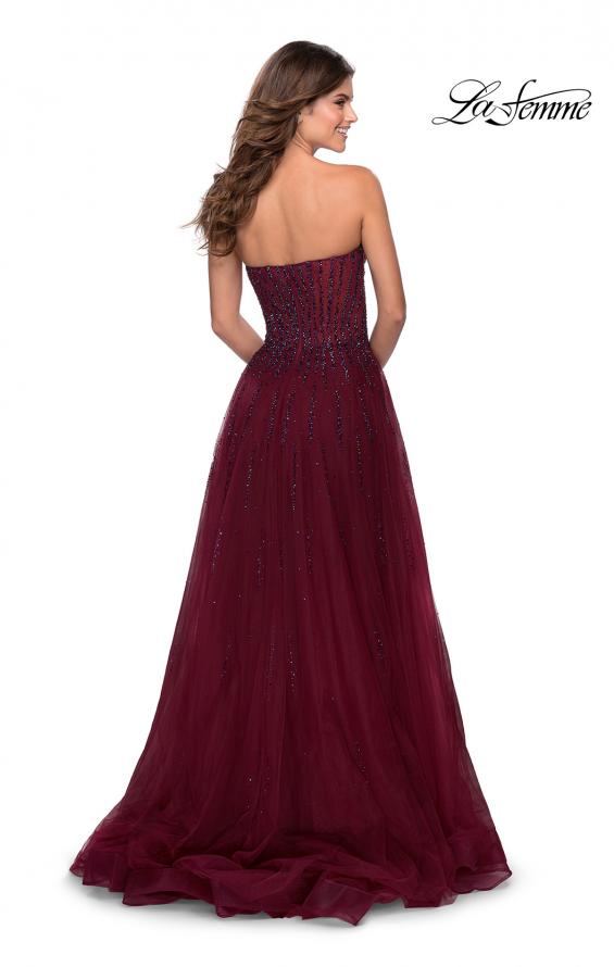 Picture of: Strapless Beaded Prom Gown with Slit and Pockets in Burgundy, Style 28603, Back Picture