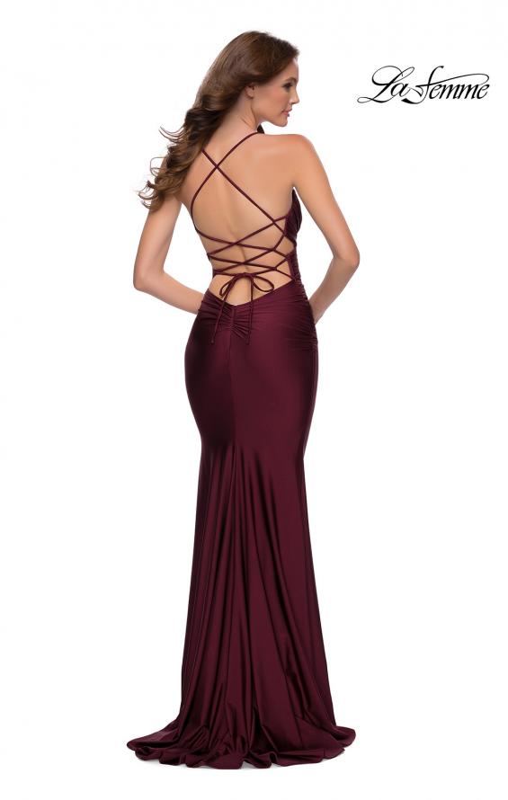Picture of: Criss Cross Ruched Bodice Jersey Long Dress in Dark Berry, Style 29606, Back Picture
