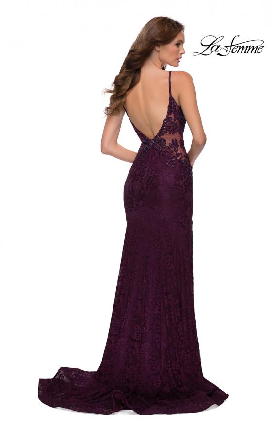 Picture of: Chic Long Stretch Lace Gown with Sheer Rhinestone Back in Dark Berry, Style 29679, Back Picture
