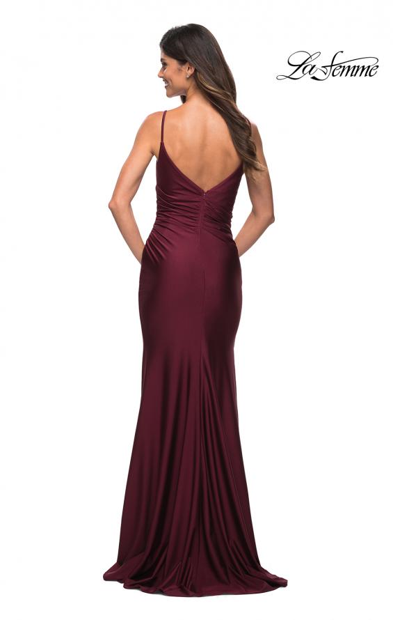 Picture of: Diagonal Ruched Jersey Gown with V Neckline in Dark Berry, Back Picture
