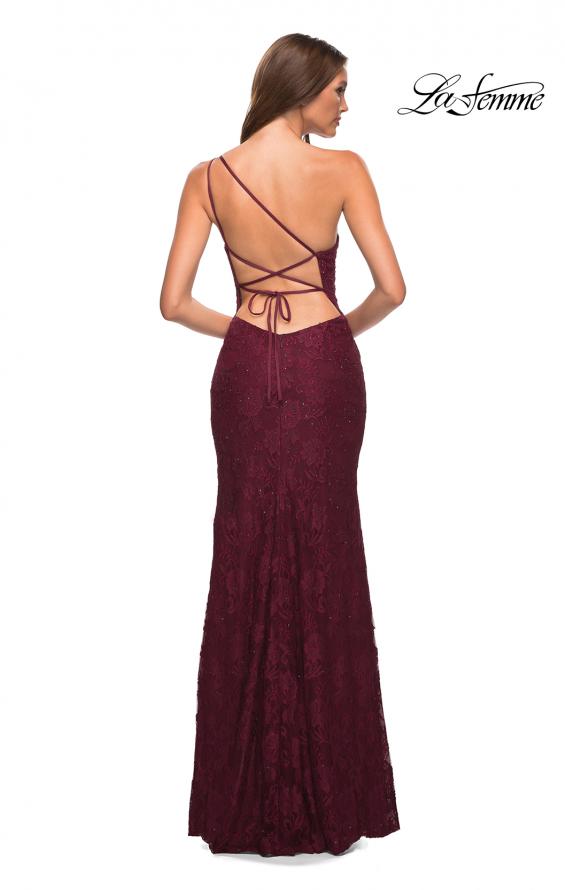 Picture of: One Shoulder Long Lace Prom Dress with Open Back in Dark Berry, Back Picture