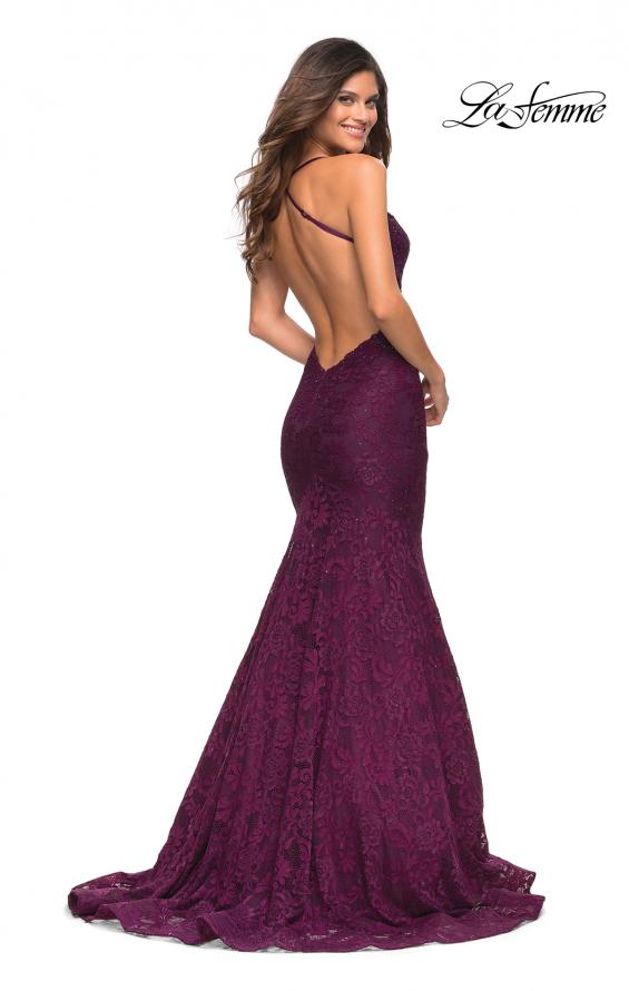 Picture of: Mermaid Lace Gown with Sheer Bodice and Open Back in Dark Berry, Back Picture