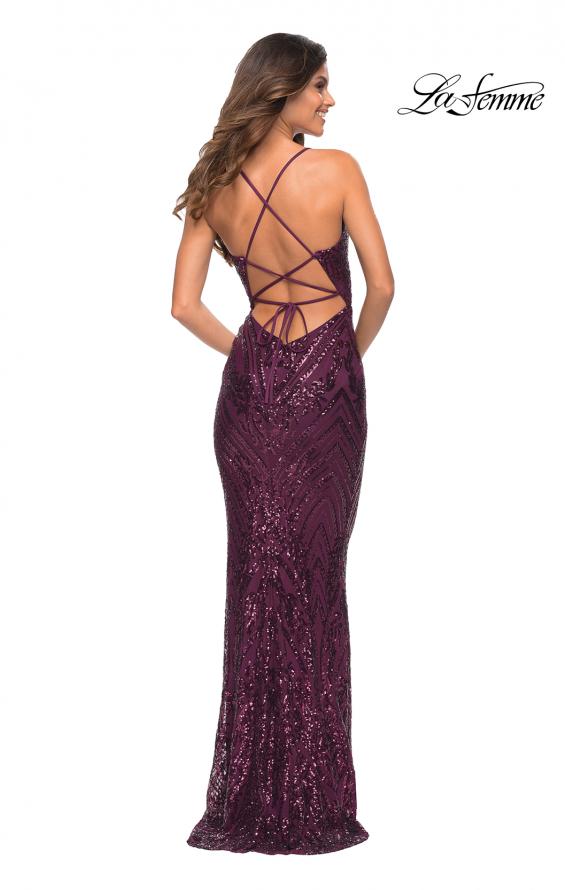 Picture of: Print Sequin Gown in Jewel Tones with V Neckline in Dark Berry, Back Picture