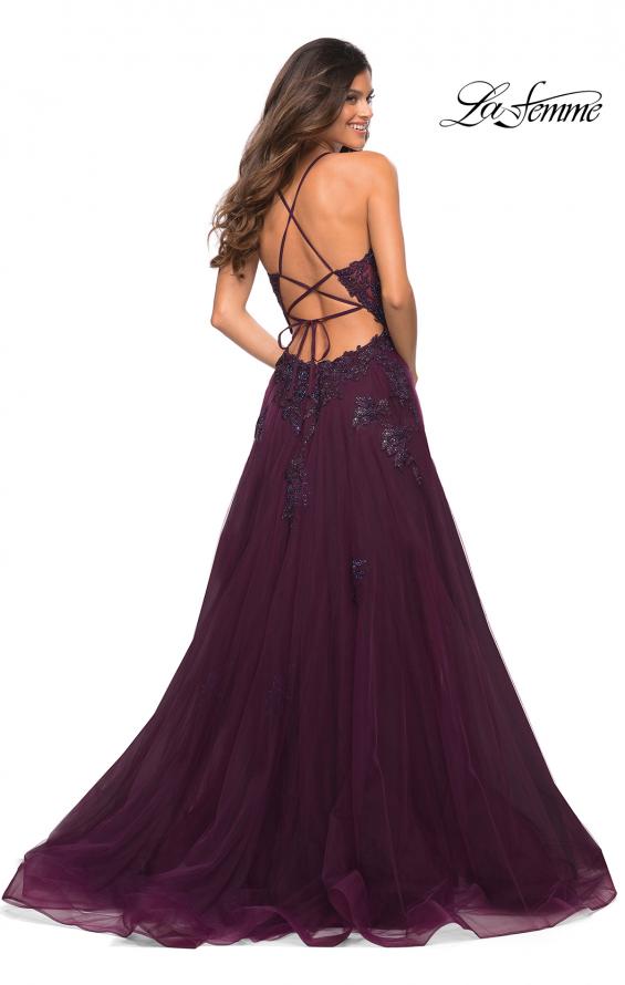 Picture of: Tulle A-line Dress with Jeweled Lace Appliques in Dark Berry, Back Picture