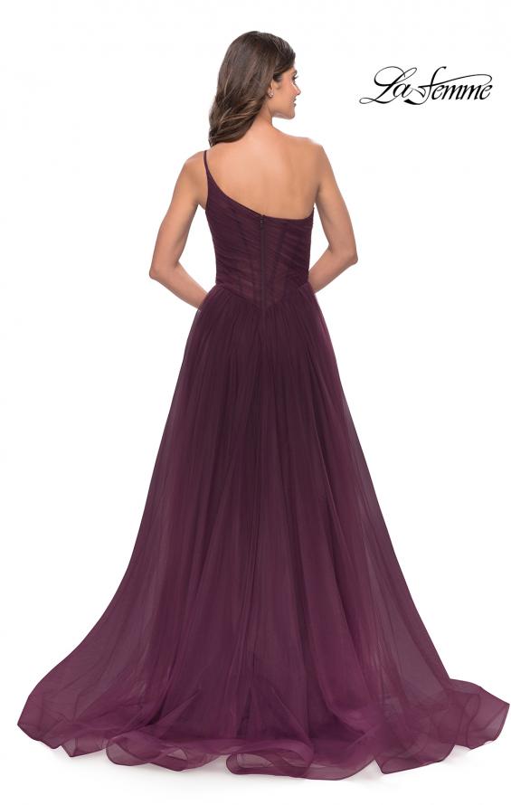 Picture of: One Shoulder A-Line Tulle Gown with Sheer Bodice in Dark Berry, Style: 31069, Back Picture