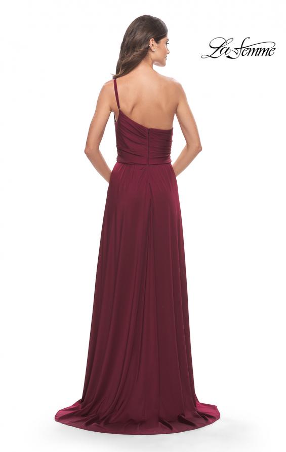 Picture of: Chic One Shoulder Long Jersey Gown with Defined Waist in Dark Berry, Style: 31170, Back Picture