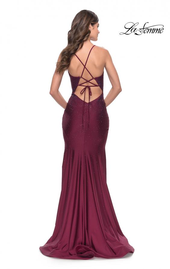 Picture of: Rhinestone Jersey Mermaid Gown with Open Back in Dark Berry, Style: 31220, Back Picture