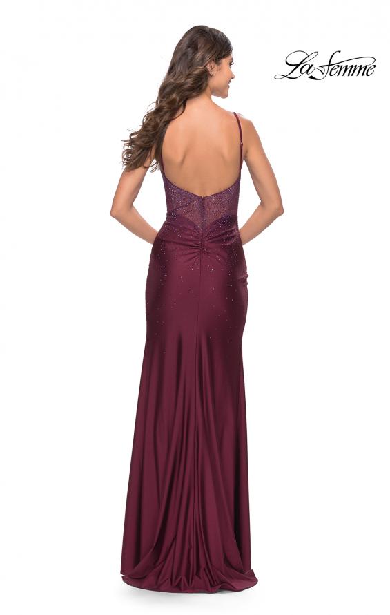 Picture of: Jersey Long Dress with Sheer Rhinestone Embellished Bodice in Dark Berry, Style: 31244, Back Picture