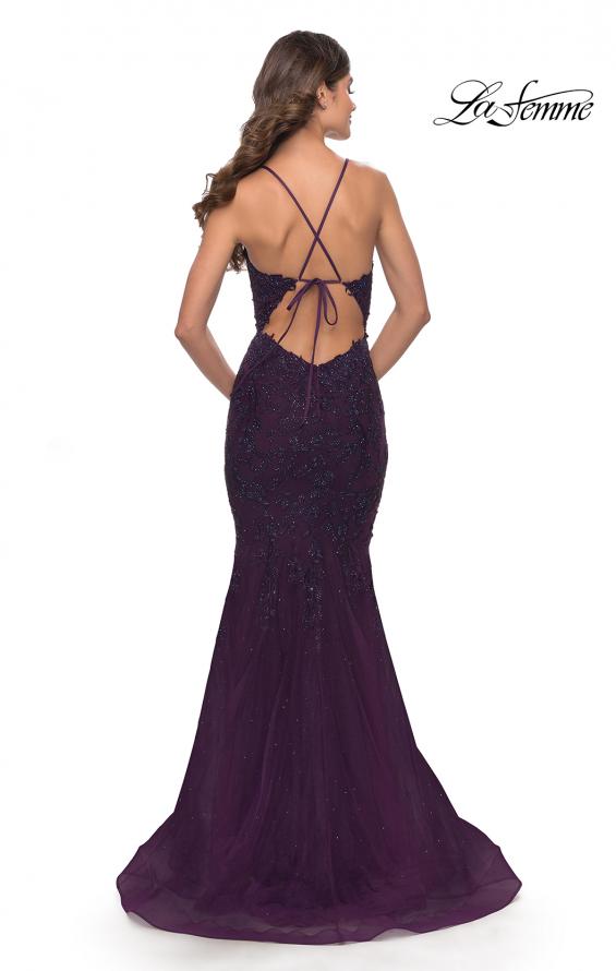 Picture of: Mermaid Tulle and Lace Gown with Open Tie Back in Dark Berry, Style: 31344, Back Picture