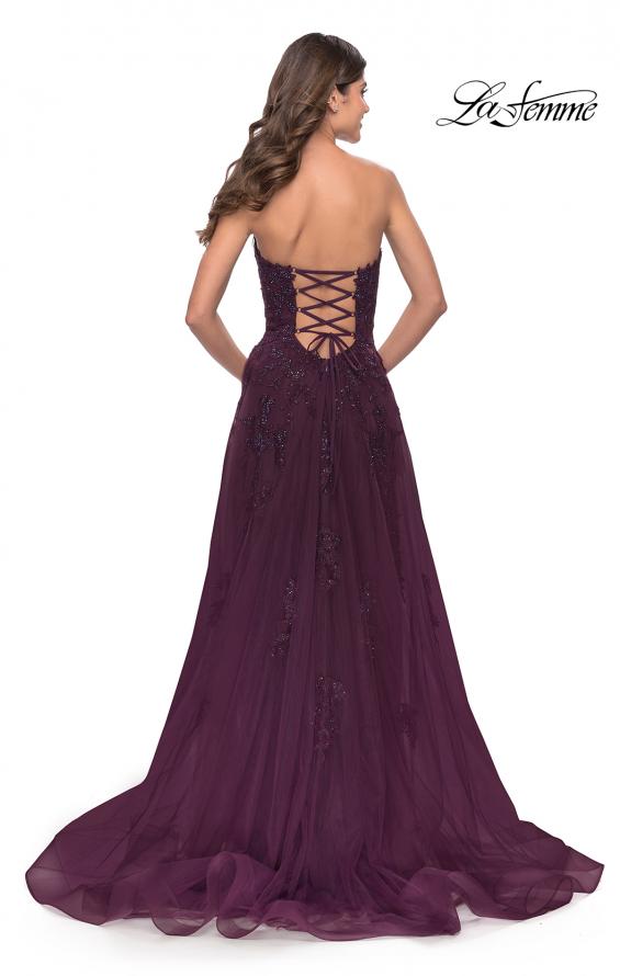 Picture of: Strapless Deep V A-Line Tulle and Lace Gown in Dark Berry, Style: 31345, Back Picture