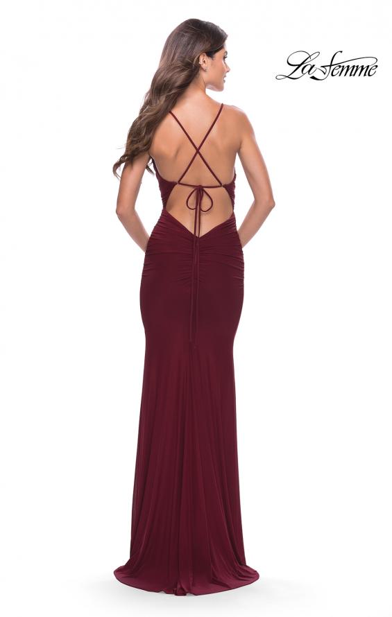 Picture of: Long Net Jersey Dress with Illusion Waist in Dark Berry, Style: 31585, Back Picture
