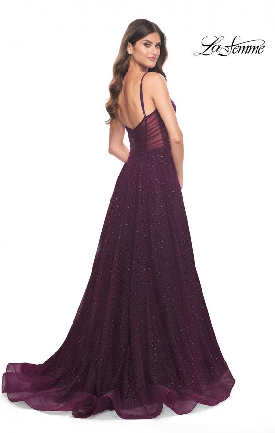 Picture of: A-Line Rhinestone Tulle Embellished Gown with Illusion Top in Dark Berry, Style: 31970, Back Picture