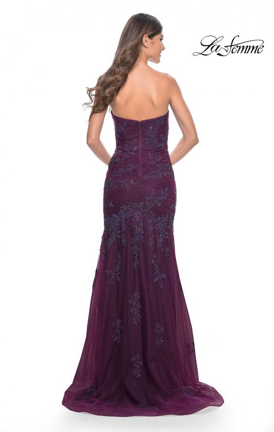 Picture of: Strapless Mermaid Ruched Gown with Rhinestone Lace Applique in Dark Berry, Style: 32121, Back Picture