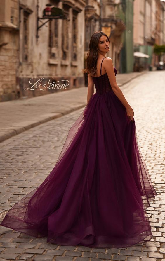Picture of: Tulle Prom Dress with A-Line Skirt and Ruched Corset Top in Dark Berry, Style 32700, Back Picture