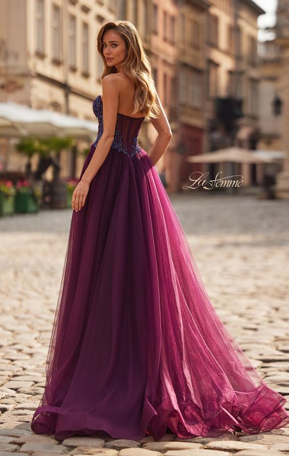 Picture of: Tulle Ball Gown with Beaded Corset Bodice and High Slit in Dark Berry, Style: 33410, Back Picture