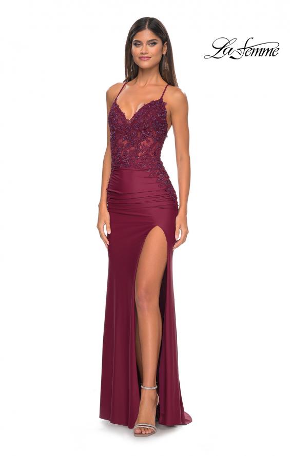 Picture of: Jersey Prom Dress with Illusion Sides and V Neckline in Dark Berry, Style: 32139, Detail Picture 18