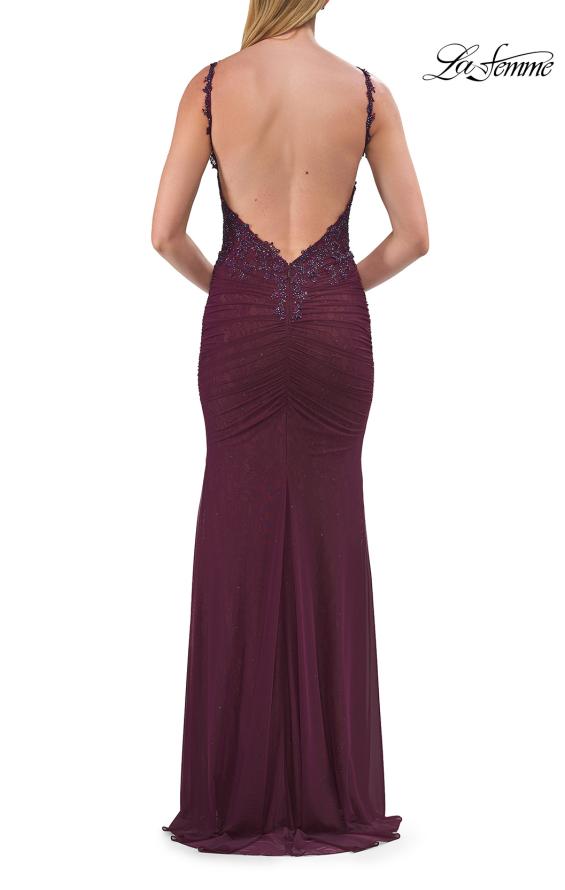 Pink Picture of: Rhinestones Lace Fitted Gown with Scoop Neck and Low Back in Dark Berry, Style: 33721, Detail Picture 18