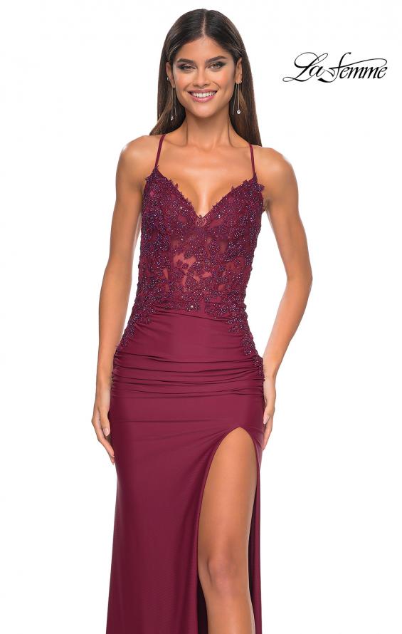 Picture of: Jersey Prom Dress with Illusion Sides and V Neckline in Dark Berry, Style: 32139, Detail Picture 19