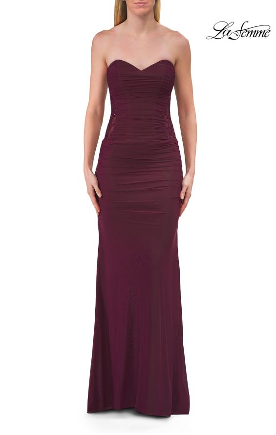 Picture of: Strapless Mesh Evening Gown with Ruching and Sheer Beaded Back in Dark Berry, Style: 33431, Detail Picture 20