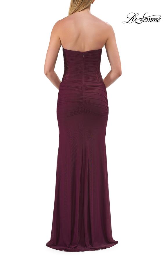 Picture of: Strapless Mesh Evening Gown with Ruching and Sheer Beaded Back in Dark Berry, Style: 33431, Detail Picture 21