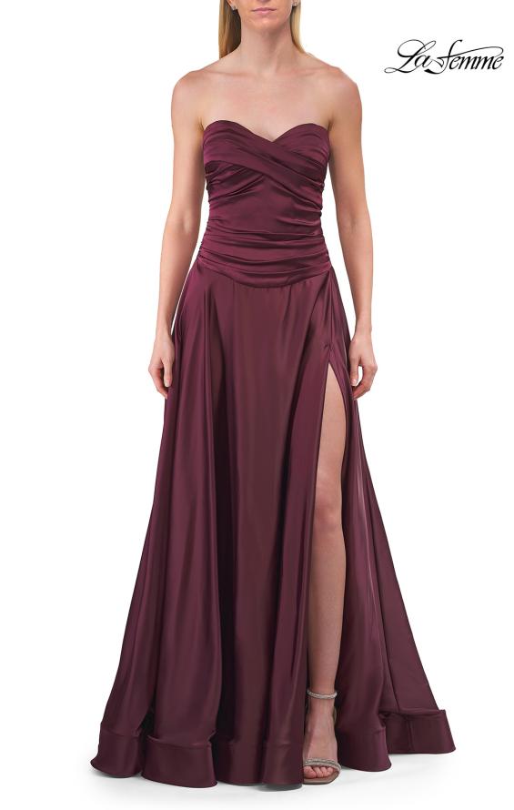 Purple Picture of: Strapless Satin A-Line Gown with Draped Bodice and High Slit in Dark Berry, Style: 33417, Detail Picture 23