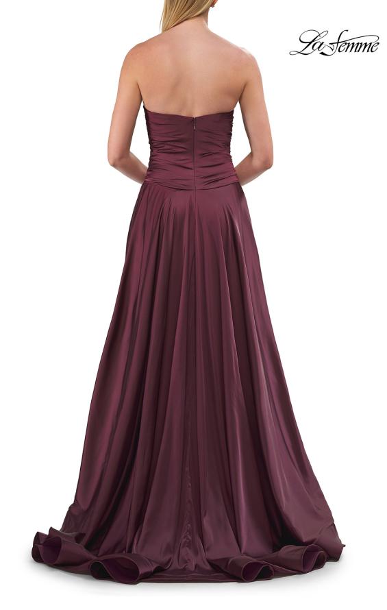 Purple Picture of: Strapless Satin A-Line Gown with Draped Bodice and High Slit in Dark Berry, Style: 33417, Detail Picture 24