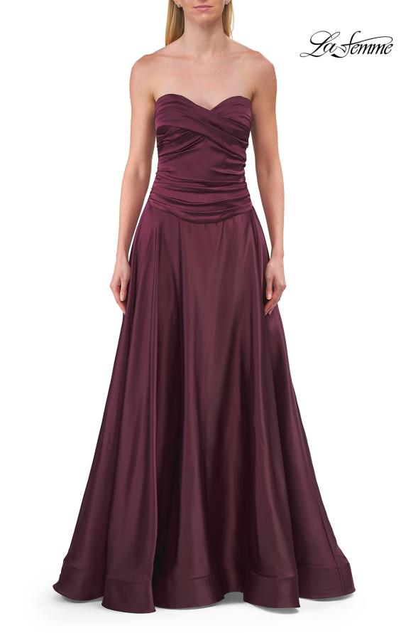 Purple Picture of: Strapless Satin A-Line Gown with Draped Bodice and High Slit in Dark Berry, Style: 33417, Detail Picture 25