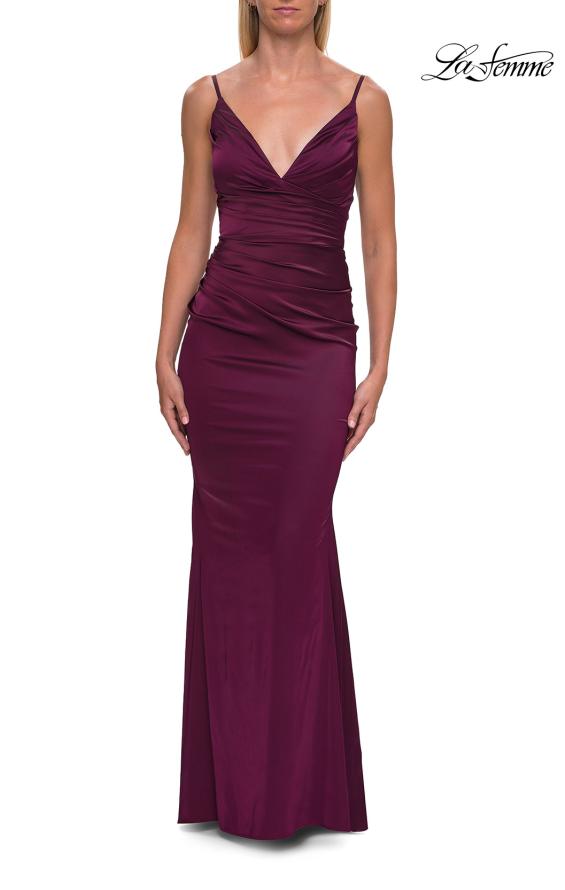 Picture of: Satin Fitted Gown with Gathered Bodice and Spaghetti Straps in Dark Berry, Style: 33421, Detail Picture 26