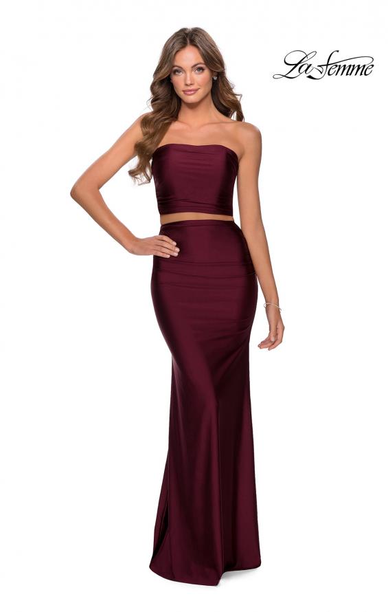 Picture of: Tube Top Two Piece Long Jersey Prom Dress in Burgundy, Style: 28703, Detail Picture 1