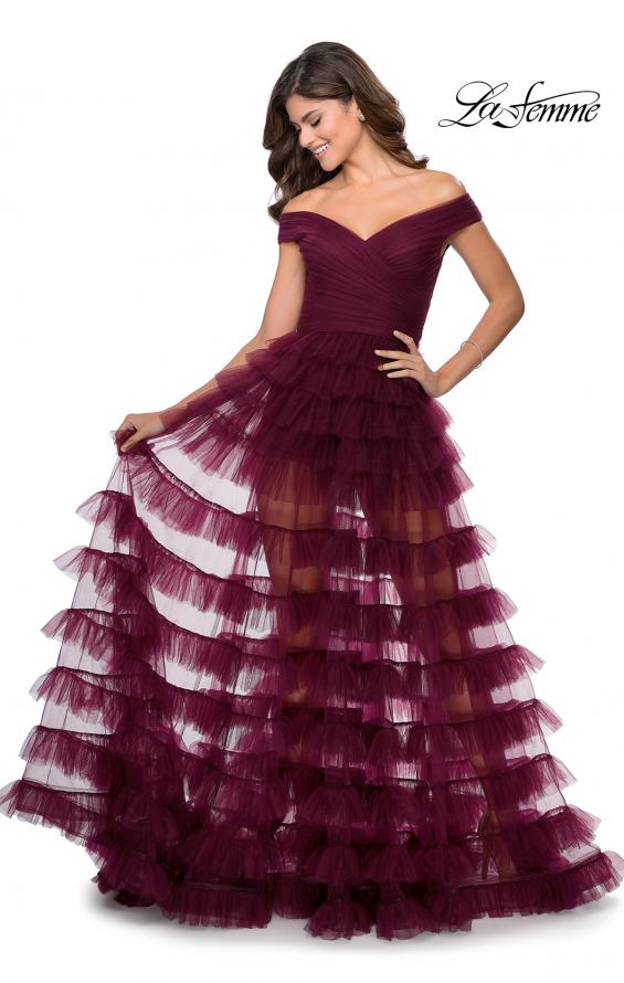 Picture of: Sheer Layered Tulle Off the Shoulder Prom Gown in Burgundy, Style: 28804, Detail Picture 1