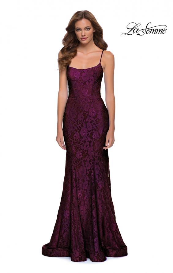 Picture of: Stretch Lace Gown with Lace Up Strappy Back in Dark Berry, Style 29611, Detail Picture 1