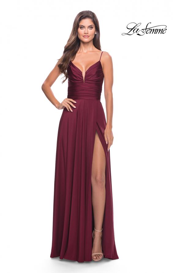Picture of: Versatile Long Jersey Gown with V and Slit in Dark Berry, Style: 31090, Detail Picture 1