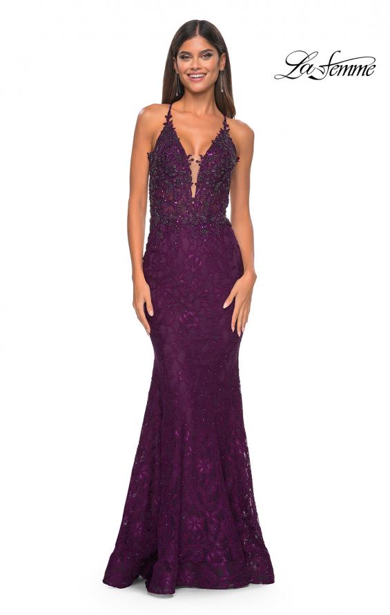 Picture of: Exquisite Mermaid Lace Gown with Beaded Sheer Bodice in Dark Berry, Style: 31265, Detail Picture 1
