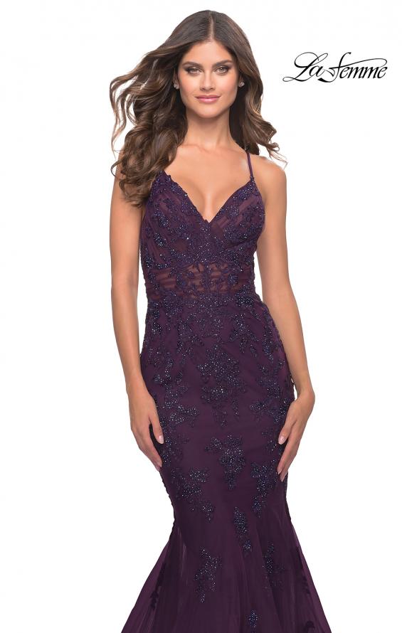 Picture of: Beautiful Mermaid Lace Applique Gown with Open Back in Dark Berry, Style: 31316, Detail Picture 1