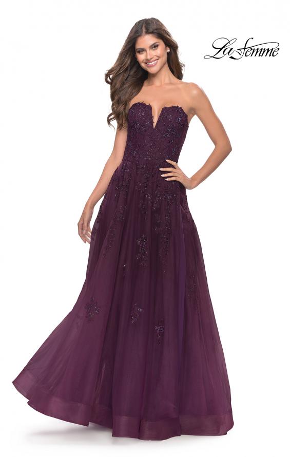Picture of: Strapless Deep V A-Line Tulle and Lace Gown in Dark Berry, Style: 31345, Detail Picture 1