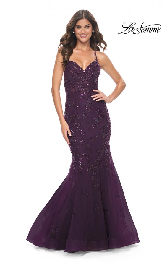 Picture of: Mermaid Prom Dress with Sequin Beaded Applique in Dark Berry, Style: 32033, Detail Picture 1