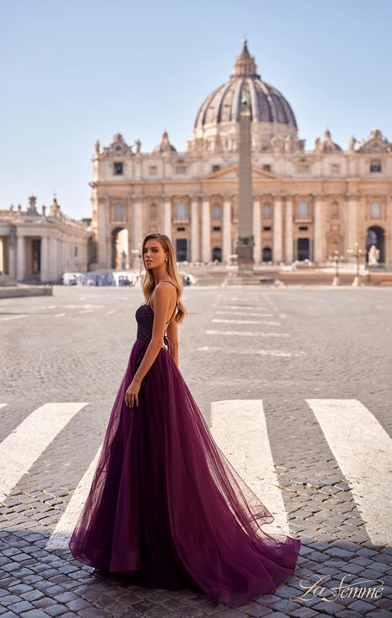 Picture of: A-Line Tulle Gown with High Slit and Illusion Rhinestone Fishnet Bodice in Dark Berry, Style: 32135, Detail Picture 1