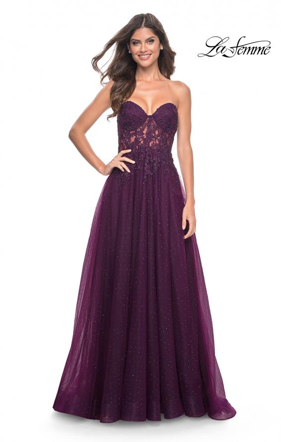 Picture of: Rhinestone Tulle A-Line Gown with Lace Bodice in Jewel Tones in Dark Berry, Style: 32253, Detail Picture 1