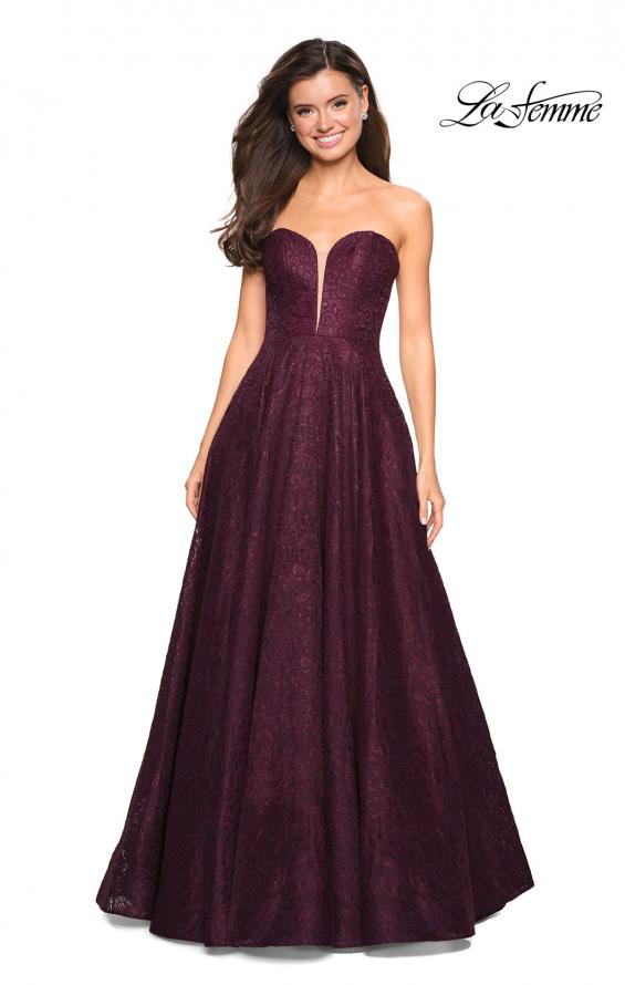 Picture of: A Line Lace Strapless Ball Gown in Burgundy, Style: 27284, Detail Picture 2