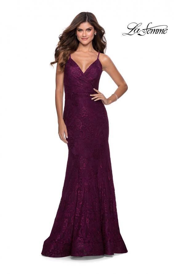 Picture of: Mermaid Lace Prom Dress with Faux Wrap Top in Burgundy, Style: 28564, Detail Picture 2