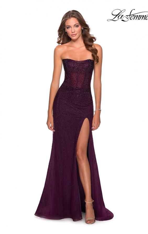 Picture of: Rhinestone Strapless Tulle Dress with Sheer Bodice in Burgundy, Style: 28621, Detail Picture 2