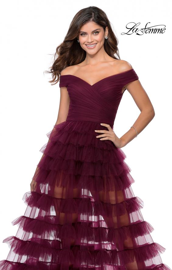 Picture of: Sheer Layered Tulle Off the Shoulder Prom Gown in Burgundy, Style: 28804, Detail Picture 2